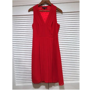 Red V-Neck Pleat Detail Chiffon Dress